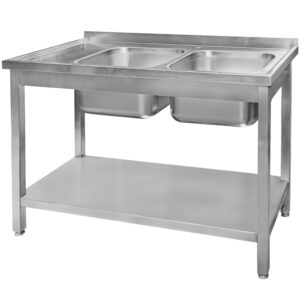 Zlew ze stali nierdzewnej 2-komorowy przyścienny spawany z półką Mega-M S-120 cm G-60 cm H-85 cm N
