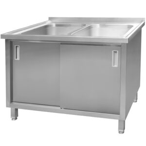 Zlew ze stali nierdzewnej 2-komorowy przyścienny spawany z szafką Mega-M S-120 cm G-70 cm H-85 cm N