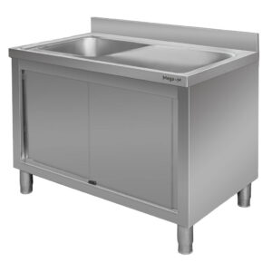 Stół ze stali nierdzewnej przyścienny ze zlewem po lewej stronie i z szafką Mega-M S-120 cm G-70 cm H-85 cm N