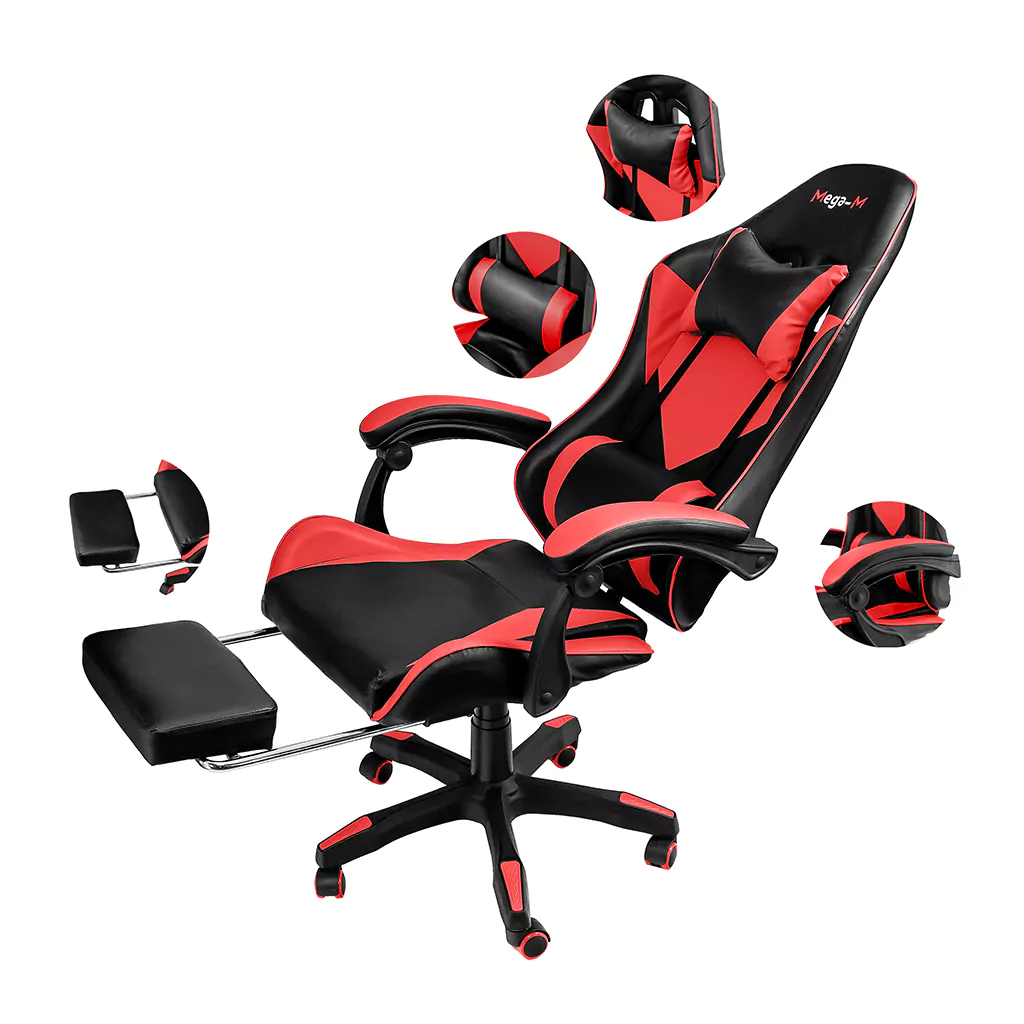 Fotel obrotowy gamingowy z podnóżkiem Mega-M eko skóra czarno-czerwony N - obrazek 15