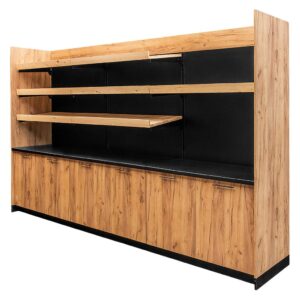 Regał ekspozycyjno-sprzedażowy zakasowy Mega-M H- 230 cm L- 364 cm G- 63 cm dąb kraft / czarny N