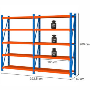 Regał magazynowy 5-półkowy Mega-M FORTIS LIGHT H-200 cm L-392,5 cm G-60 cm zestaw (2 moduły) N