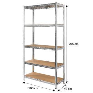 Regał magazynowy Mega-M Basic H-205 cm L-100 cm G-40 cm 5 półek z MDF 4 mm (175kg) ocynk N