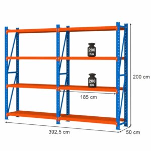 Regał magazynowy 4-półkowy Mega-M FORTIS LIGHT H-200 cm L-392,5 cm G-50 cm zestaw (2 moduły) N