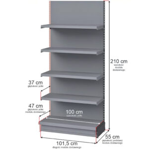 Regał sklepowy Mega-M Merkury przyścienny H-210 cm L-100 cm G-47/4x37 cm (GC-55 cm) grafit moduł dostawny N