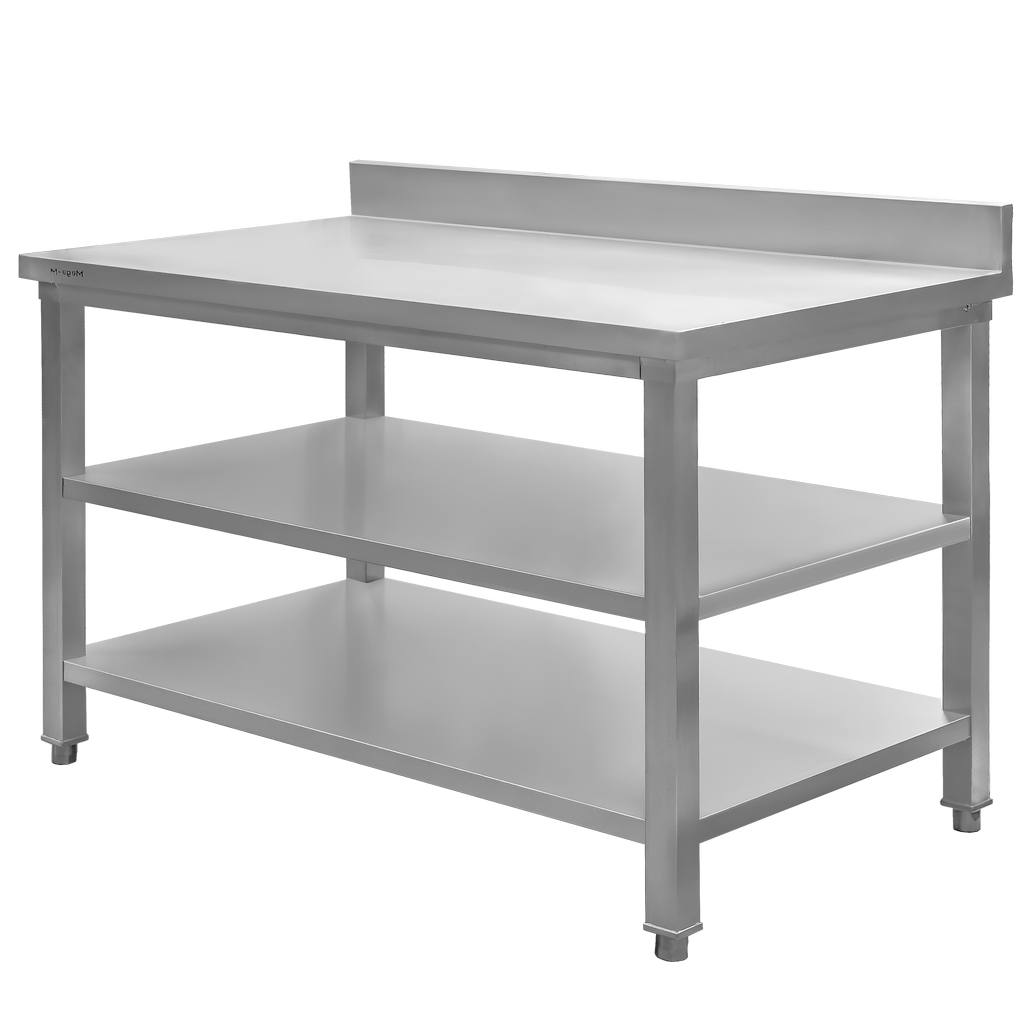 Stół ze stali nierdzewnej przyścienny z 2-ma półkami Mega-M S-120 cm G-60 cm H-85 cm N