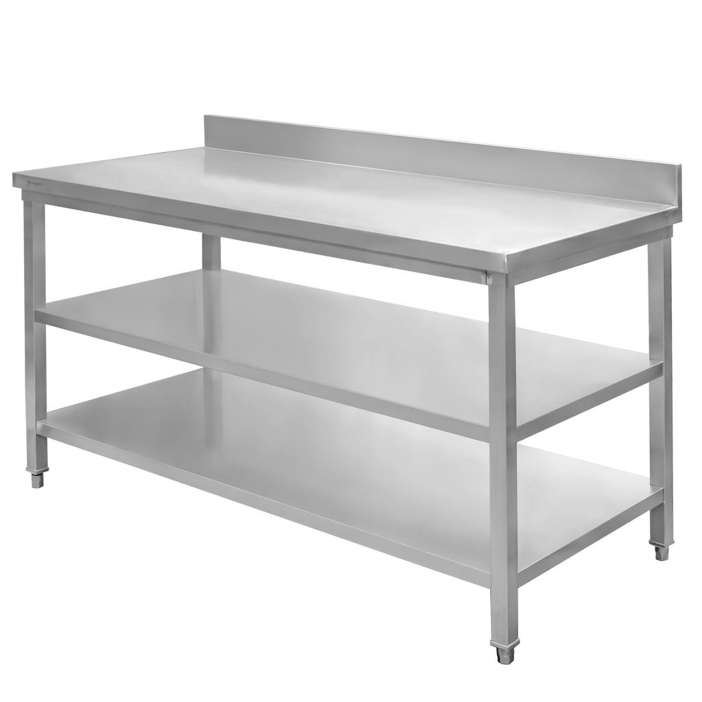Stół ze stali nierdzewnej przyścienny z 2-ma półkami Mega-M S-150 cm G-60 cm H-85 cm N