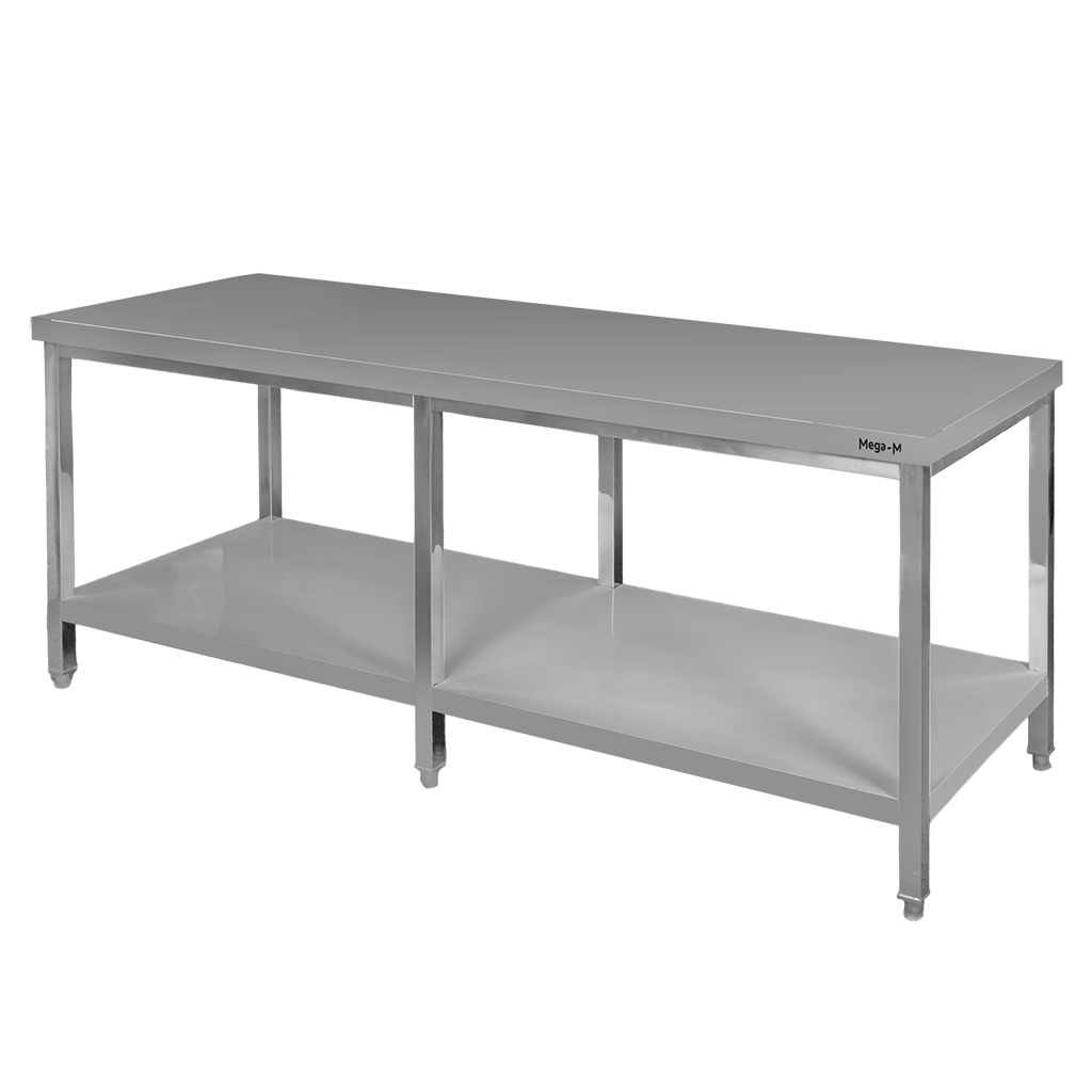 Stół ze stali nierdzewnej centralny z półką i 6 nogami Mega-M S-200 cm G-70 cm H-85 cm N