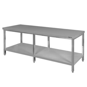 Stół ze stali nierdzewnej centralny z półką i 6 nogami Mega-M S-220 cm G-70 cm H-85 cm N