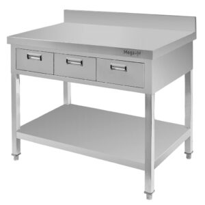 Stół ze stali nierdzewnej przyścienny z 3 szufladami i półką Mega-M S-100 cm G-60 cm H-85 cm N
