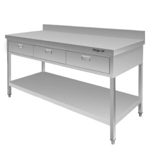 Stół ze stali nierdzewnej przyścienny z 3 szufladami i półką Mega-M S-150 cm G-60 cm H-85 cm N