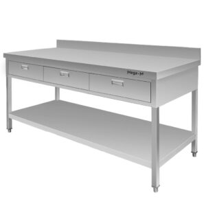 Stół ze stali nierdzewnej przyścienny z 3 szufladami i półką Mega-M S-180 cm G-60 cm H-85 cm N