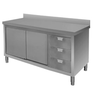 Stół ze stali nierdzewnej przyścienny z szafką i blokiem 3 szuflad Mega-M S-140 cm G-60 cm H-85 cm N