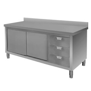 Stół ze stali nierdzewnej przyścienny z szafką i blokiem 3 szuflad Mega-M S-160 cm G-70 cm H-85 cm N