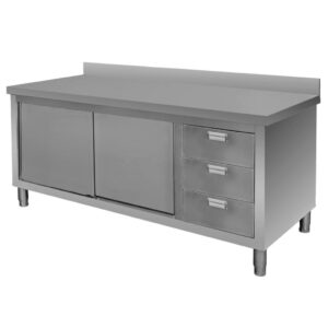 Stół ze stali nierdzewnej przyścienny z szafką i blokiem 3 szuflad Mega-M S-180 cm G-60 cm H-85 cm N