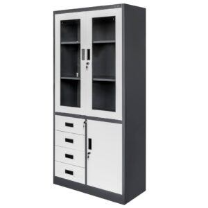 Szafa biurowa metalowa Mega-M WENUS W-11 na akta przeszklona z szufladami grafitowa / szary front S- 90 cm G- 40 cm H-185 cm skręcana N