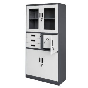 Szafa biurowa metalowa Mega-M WENUS W-15 na akta przeszklona z sejfem grafitowa / szary front S- 90 cm G- 40 cm H-185 cm skręcana N