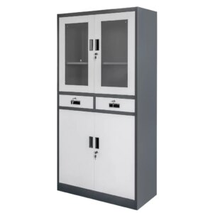 Szafa biurowa metalowa Mega-M WENUS W-03 na dokumenty przeszklona z szufladami grafitowa / szary front S- 90 cm G- 40 cm H-185 cm skręcana N