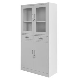 Szafa biurowa metalowa Mega-M WENUS W-01 na dokumenty przeszklona z szufladami szara S- 90 cm G- 40 cm H-185 cm skręcana N