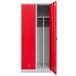 Szafka ubraniowa BHP Mega-M J-80 2 drzwiowa z przegrodami szara/ czerwony front S-80 cm G-50 cm H-180 cm skręcana N
