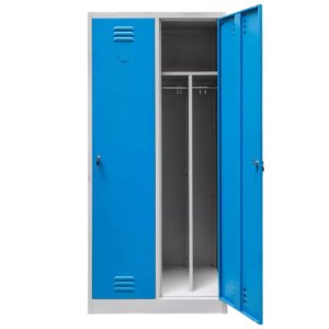 Szafka ubraniowa BHP Mega-M J-80 2 drzwiowa z przegrodami szara/ niebieski front S-80 cm G-50 cm H-180 cm skręcana N