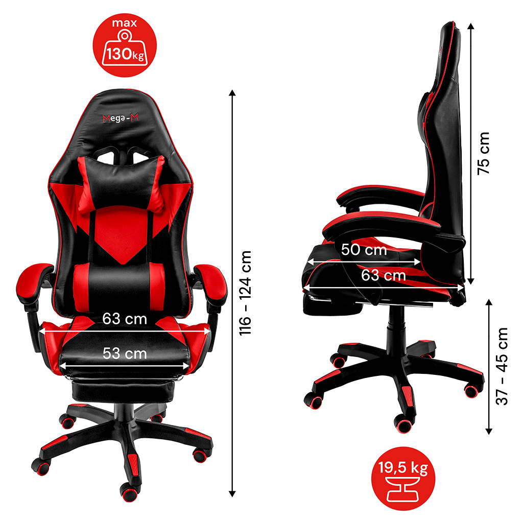 Fotel obrotowy gamingowy z podnóżkiem Mega-M eko skóra czarno-czerwony N - obrazek 14