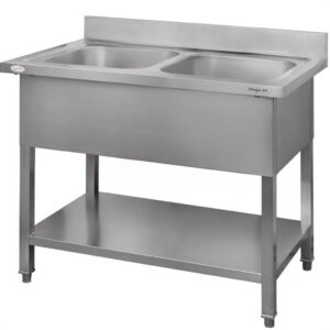 Zlew ze stali nierdzewnej 2-komorowy przyścienny z maskownicą i półką Mega-M S-100 cm G-60 cm H-85 cm N