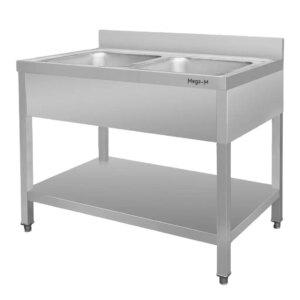 Zlew ze stali nierdzewnej 2-komorowy przyścienny z półką Mega-M S-100 cm G-70 cm H-85 cm N