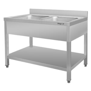 Zlew ze stali nierdzewnej 2-komorowy przyścienny z półką Mega-M S-120 cm G-70 cm H-85 cm N