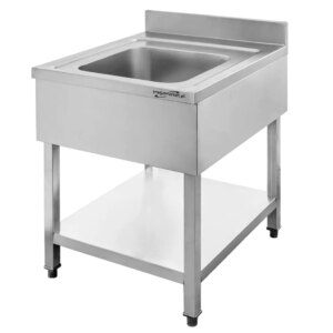 Zlew ze stali nierdzewnej jednokomorowy przyścienny z maskownicą i półką Mega-M S-80 cm G-70 cm H-85 cm N