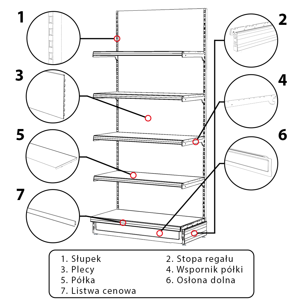 Regał sklepowy Mega-M Merkury przyścienny H-210 cm L-100 cm G-47/4x37 cm (GC-55 cm) grafit moduł bazowy N - obrazek 8
