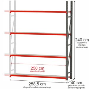 Regał magazynowy 4-półkowy Mega-M FORTIS H-240 cm L-258,5 cm G-40 cm moduł dostawny N