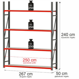 Regał magazynowy 4-półkowy Mega-M FORTIS H-240 cm L-267 cm G-50 cm moduł bazowy N