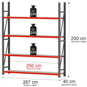 Regał magazynowy 4-półkowy Mega-M FORTIS H-200 cm L-267 cm G-40 cm moduł bazowy N