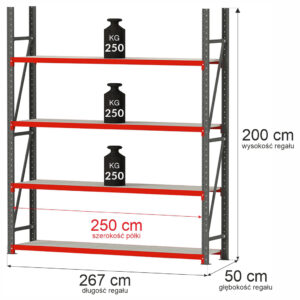Regał magazynowy 4-półkowy Mega-M FORTIS H-200 cm L-267 cm G-50 cm moduł bazowy N