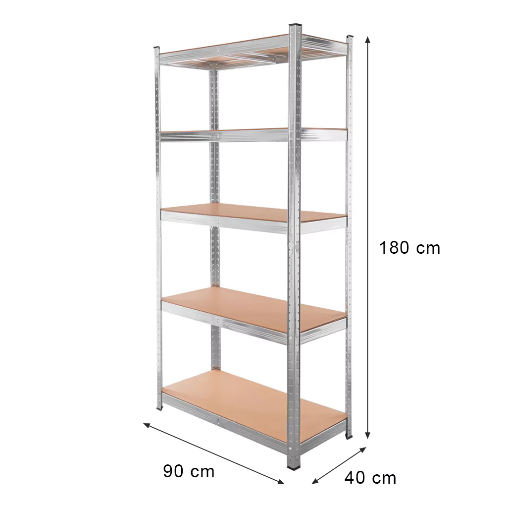 Regał magazynowy Mega-M Basic H-180 cm L-90 cm G-40 cm 5 półek z MDF 4 mm (175kg) ocynk N