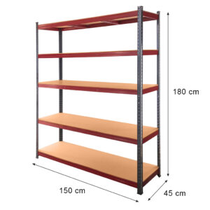 Regał magazynowy Mega-M Basic Plus H-180 cm L-150 cm G-45 cm 5 półek z MDF 6,8 mm (275kg) grafitowy/czerwony N