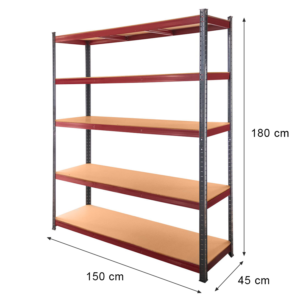 Regał magazynowy Mega-M Basic Plus H-180 cm L-150 cm G-45 cm 5 półek z MDF 6,8 mm (275kg) grafitowy/czerwony N