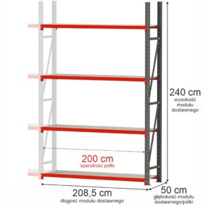 Regał magazynowy 4-półkowy Mega-M FORTIS H-240 cm L-208,5 cm G-50 cm moduł dostawny N