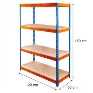 Regał magazynowy Mega-M Pro Max H-180 cm L-120 cm G-60 cm 4 półki z płyty wiórowej 15 mm (500kg) niebieski/pomarańczowy 2 kartony N