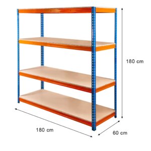 Regał magazynowy Mega-M Pro Max H-180 cm L-180 cm G-60 cm 4 półki z płyty wiórowej 15 mm (500kg) niebieski/pomarańczowy 2 kartony N