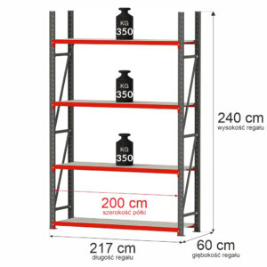 Regał magazynowy 4-półkowy Mega-M FORTIS H-240 cm L-217 cm G-60 cm moduł bazowy N