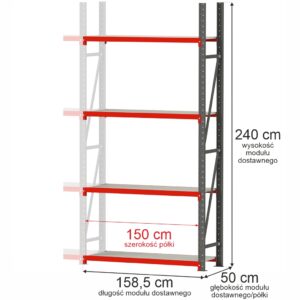 Regał magazynowy 4-półkowy Mega-M FORTIS H-240 cm L-158,5 cm G-50 cm moduł dostawny N