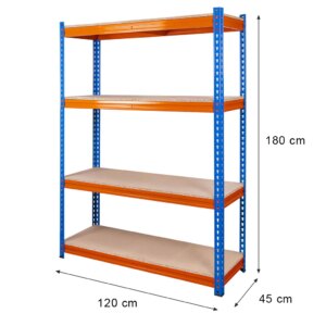 Regał magazynowy Mega-M Pro Max H-180 cm L-120 cm G-45 cm 4 półki z płyty wiórowej 15 mm (500kg) niebieski/pomarańczowy 2 kartony N