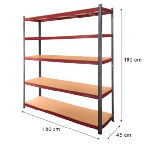 Regał magazynowy Mega-M Basic Plus H-180 cm L-180 cm G-45 cm 5 półek z MDF 6,8 mm (275kg) grafitowy/czerwony N