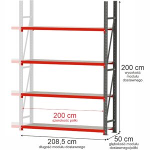 Regał magazynowy 4-półkowy Mega-M FORTIS H-200 cm L-208,5 cm G-50 cm moduł dostawny N