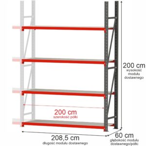 Regał magazynowy 4-półkowy Mega-M FORTIS H-200 cm L-208,5 cm G-60 cm moduł dostawny N