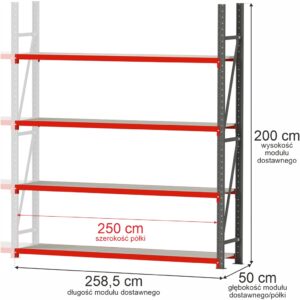 Regał magazynowy 4-półkowy Mega-M FORTIS H-200 cm L-258,5 cm G-50 cm moduł dostawny N