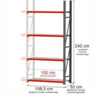 Regał magazynowy 4-półkowy Mega-M FORTIS H-240 cm L-158,5 cm G-60 cm moduł dostawny N
