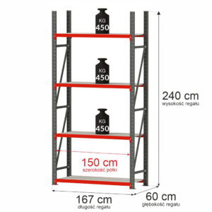 Regał magazynowy 4-półkowy Mega-M FORTIS H-240 cm L-167 cm G-60 cm moduł bazowy N